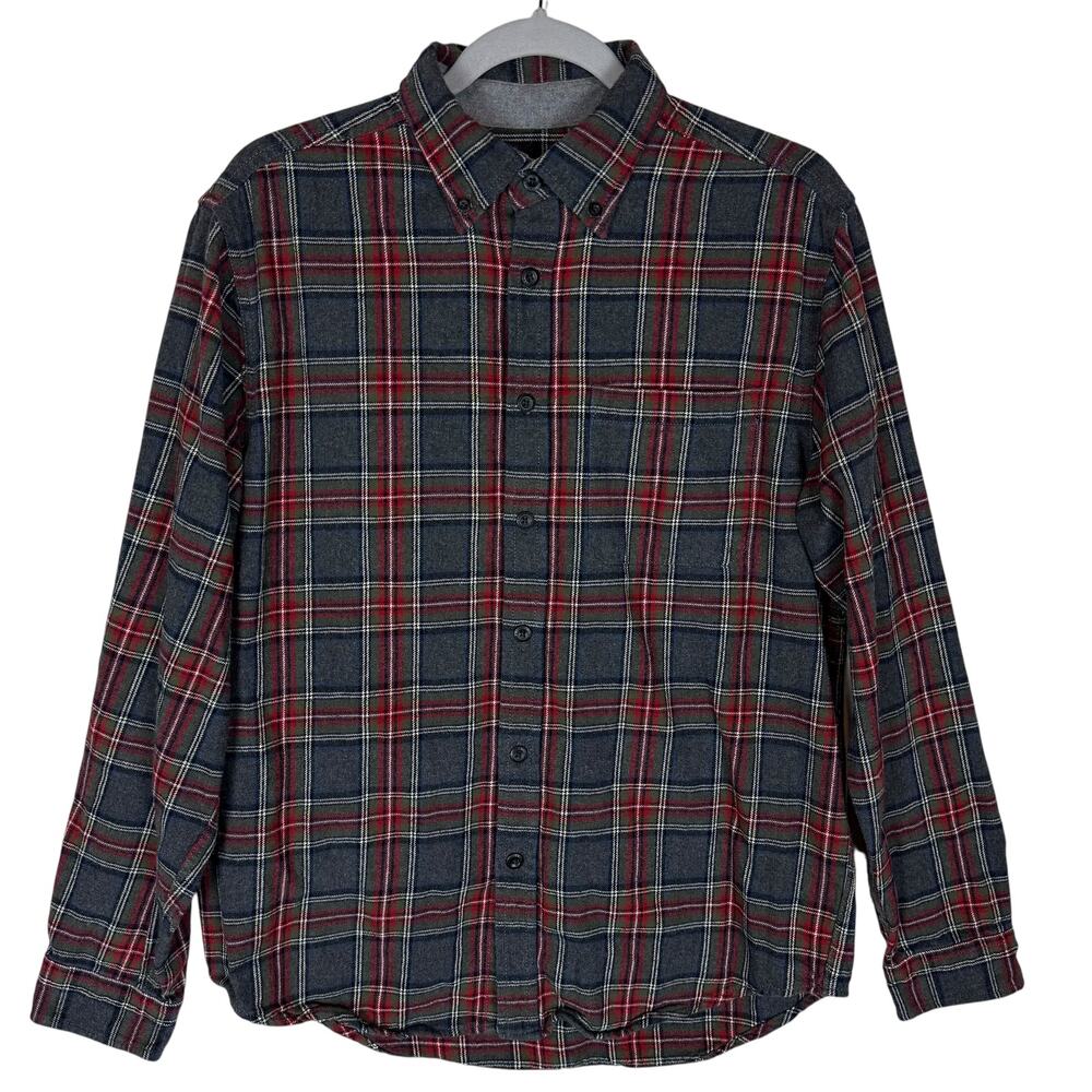 VTG Eddie Bauer Shirt Mens Medium Gray Red Plaid‎ Flannel Cotton Button-Down